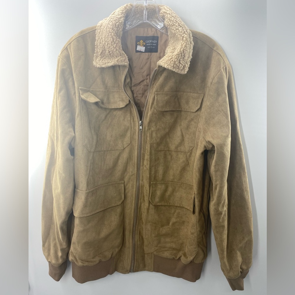 NWOT Tan Coofandy men’s faux suede fur collar zipper winter jacket coat